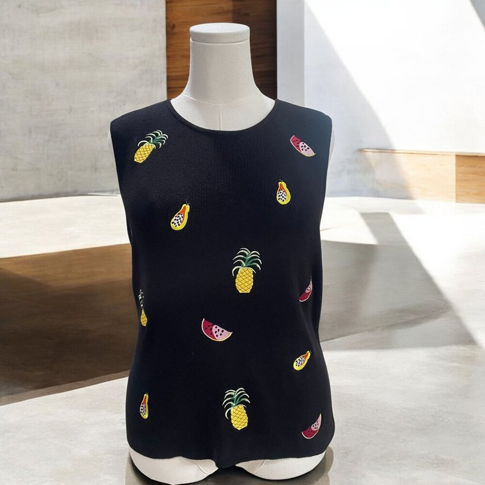 Black Fruit Embroidered Tank Top Summer‎ Tropical Vacation Casual Kawaii Cute L